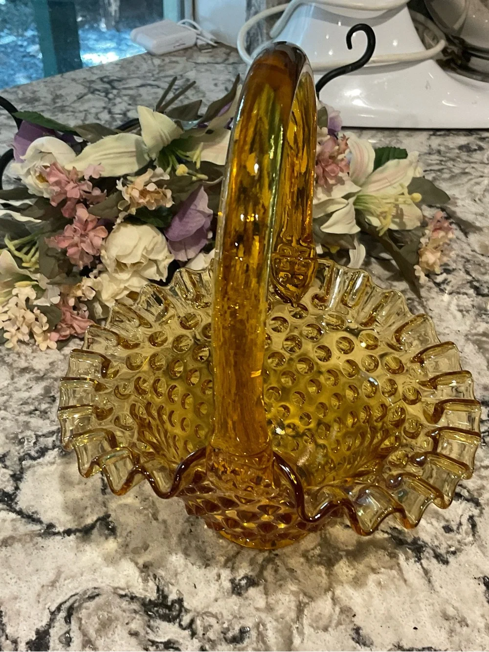 BP-Fenton Amber Hobnail Glass Basket with Ruffled Edge 8 IN.